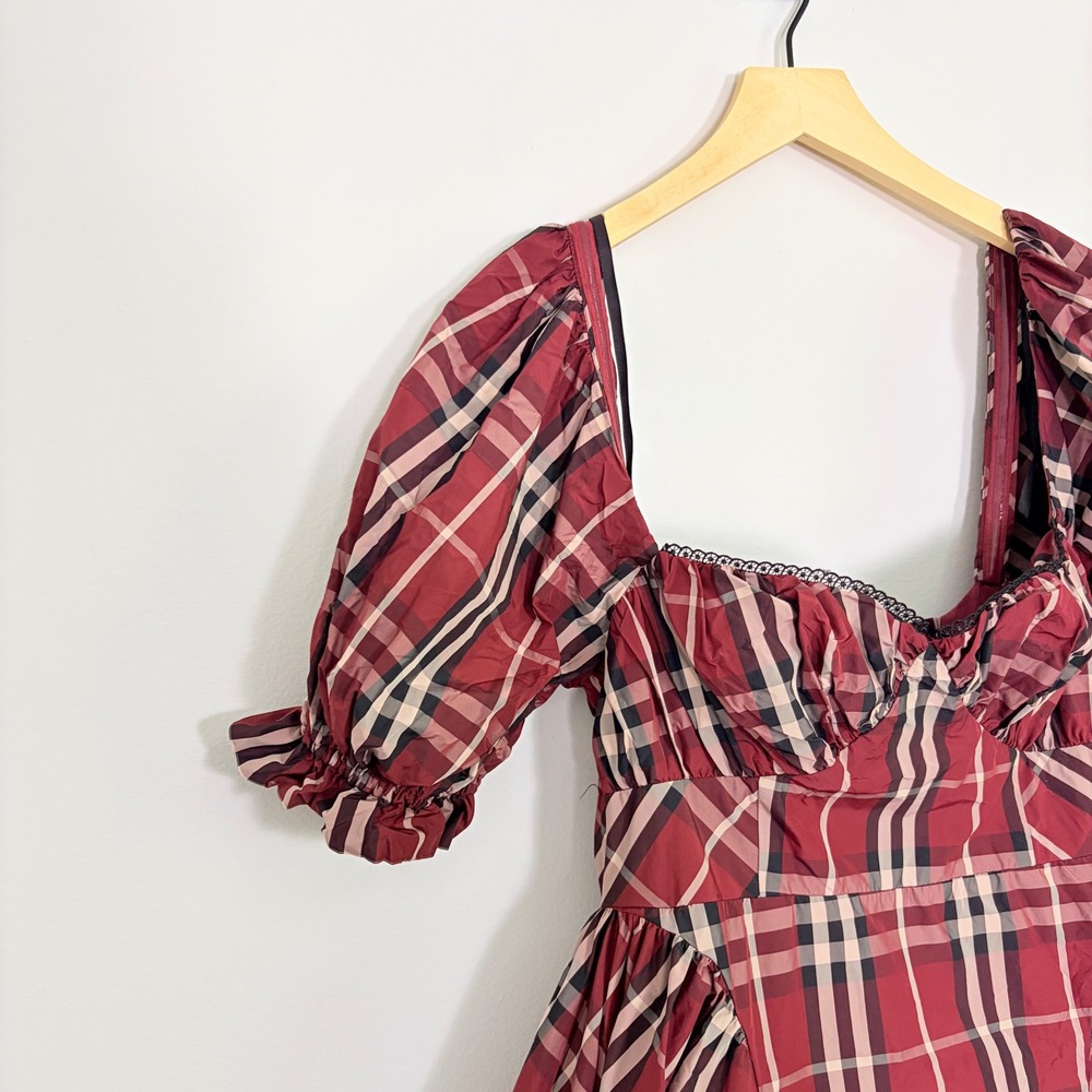 Anthropologie Maeve Red Tartan Plaid Puff Sleeve Mini Dress S OB2080843 - Picture 5 of 10